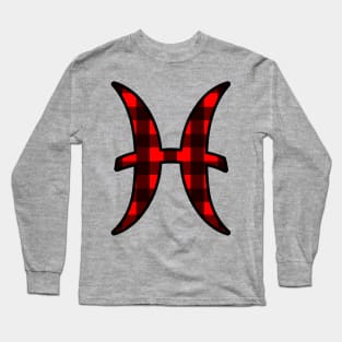 Pisces Zodiac Horoscope Symbol in Black and Red Buffalo Plaid Long Sleeve T-Shirt